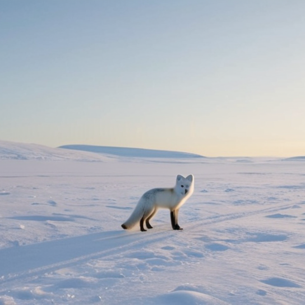 A serene, wide-angle shot of a lone Arctic fox in a pristine, snow-covered Arctic landscape. The fox is looking curiously but calmly into the distance. In the very far background, a human figure with a telephoto camera lens is barely visible, observing respectfully from a great distance, emphasizing minimal disturbance and the "invisible dance." Soft natural light, high detail, wildlife photography.