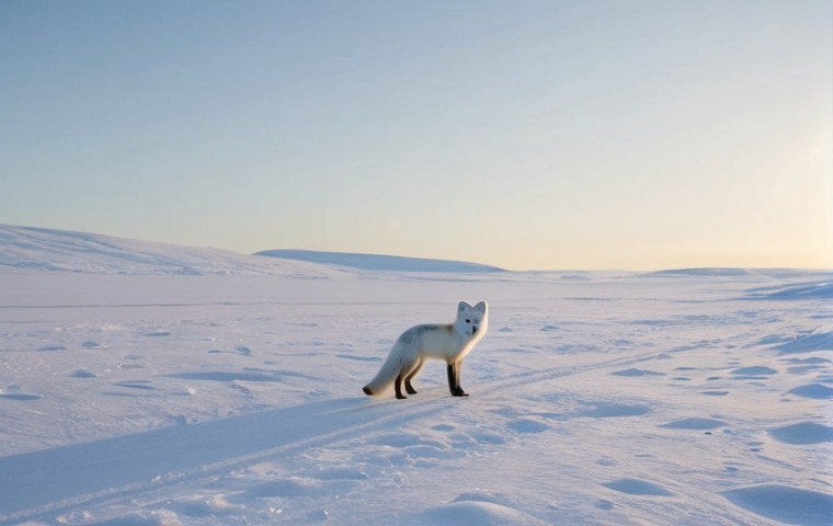 A serene, wide-angle shot of a lone Arctic fox in a pristine, snow-covered Arctic landscape. The fox is looking curiously but calmly into the distance. In the very far background, a human figure with a telephoto camera lens is barely visible, observing respectfully from a great distance, emphasizing minimal disturbance and the "invisible dance." Soft natural light, high detail, wildlife photography.