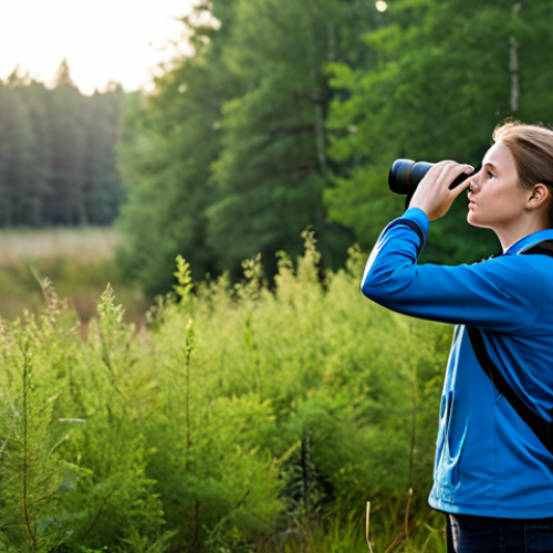 Home 6 A serene nature enthusiast, fully clothed in modest and practical outdoor hiking gear, stands calmly observing a distant natural scene through binoculars. The setting is a beautiful, pristine Dutch heathland or forest clearing at dawn, with lush green foliage and soft morning light. The scene emphasizes respectful distance and appreciation for nature. perfect anatomy, correct proportions, natural pose, well-formed hands, proper finger count, natural body proportions, professional photography, high quality, safe for work, appropriate content, fully clothed, family-friendly.