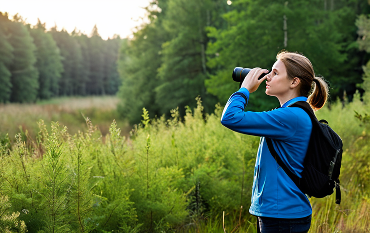 A serene nature enthusiast, fully clothed in modest and practical outdoor hiking gear, stands calmly observing a distant natural scene through binoculars. The setting is a beautiful, pristine Dutch heathland or forest clearing at dawn, with lush green foliage and soft morning light. The scene emphasizes respectful distance and appreciation for nature. perfect anatomy, correct proportions, natural pose, well-formed hands, proper finger count, natural body proportions, professional photography, high quality, safe for work, appropriate content, fully clothed, family-friendly.